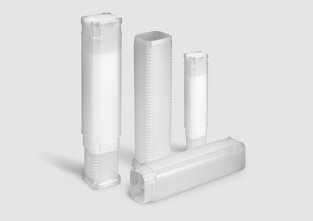 Plastic packaging tube BlockPack in various versions Plastic packaging tube BlockPack in various versions